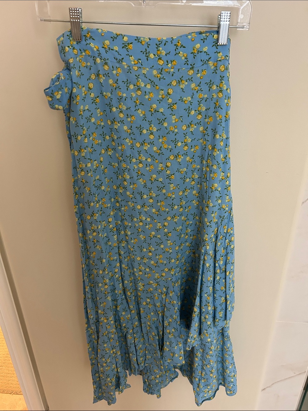 Faithfull the Brand Sky Blue Midi Skirt with Yellow Floral Print